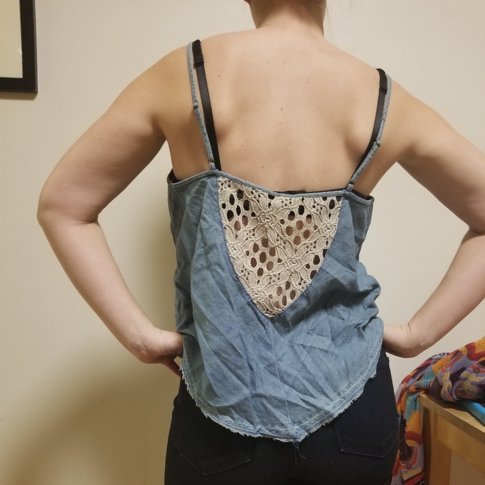 Free People denim + lace tank